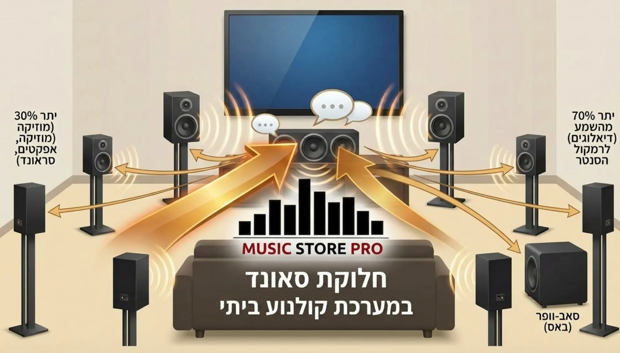 אינפוגרפיקה המציגה חלוקת סאונד במערכת קולנוע ביתי, בה בולט כי 70 אחוז מהשמע כולל דיאלוגים מופנים ישירות לרמקול הסנטר לעומת שאר הרמקולים בחדר