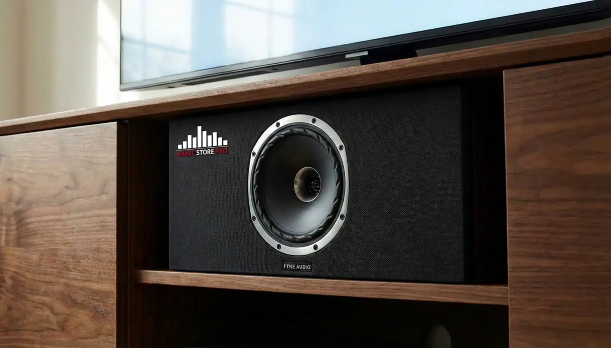 צילום תקריב איכותי של רמקול סנטר מבית Fyne Audio הממוקם במזנון יוקרתי מתחת למסך טלוויזיה, בו ניתן לראות בבירור את דרייבר ה IsoFlare הייחודי שלהם המשלב טוויטר בתוך המיד באס