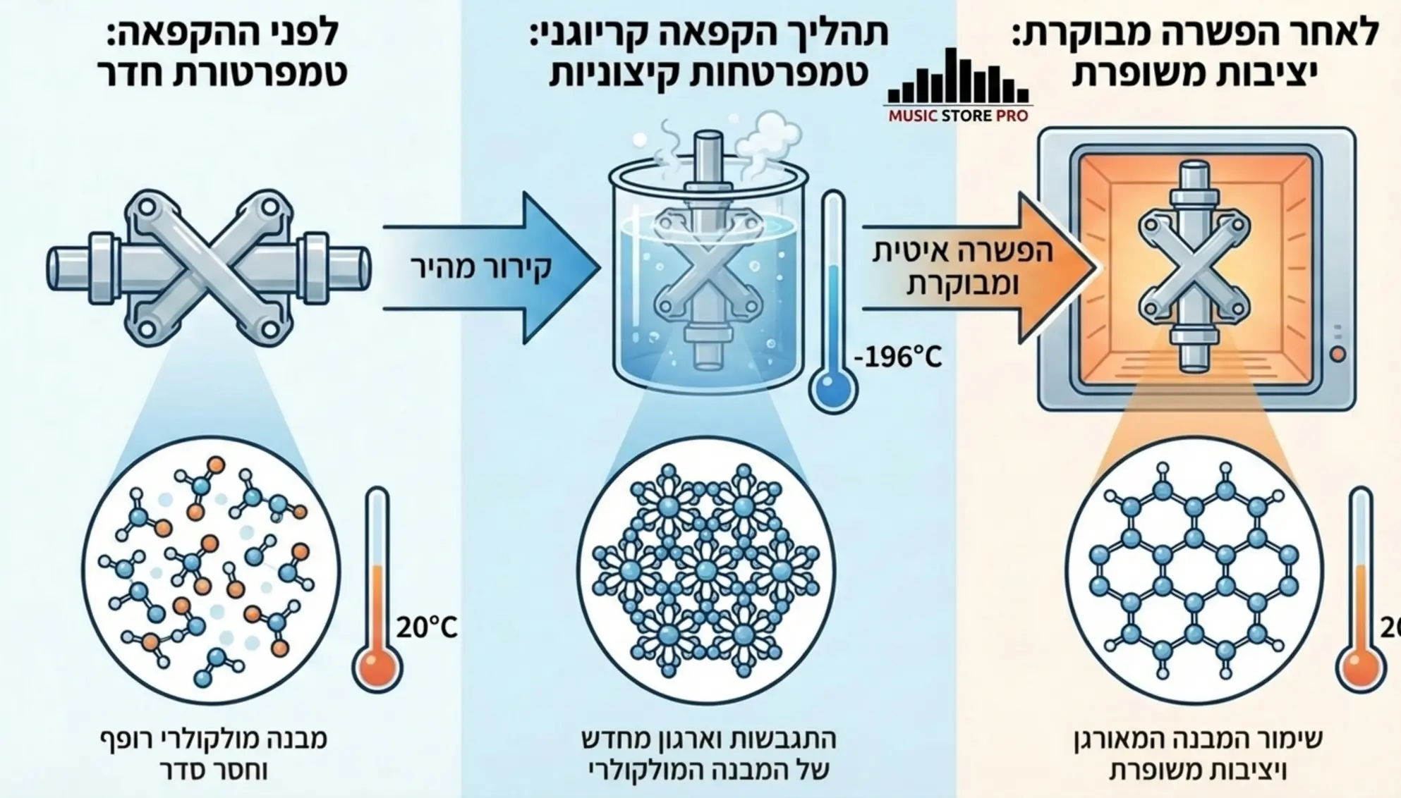 אינפוגרפיקה המציגה את התהליך הקריוגני בו עוברים רכיבי הקרוסאובר קירור לטמפרטורות קיצוניות, המבנה המולקולרי המשתנה לפני ואחרי ההקפאה, ולאחר מכן הפשרה מבוקרת השומרת על יציבות הרכיב