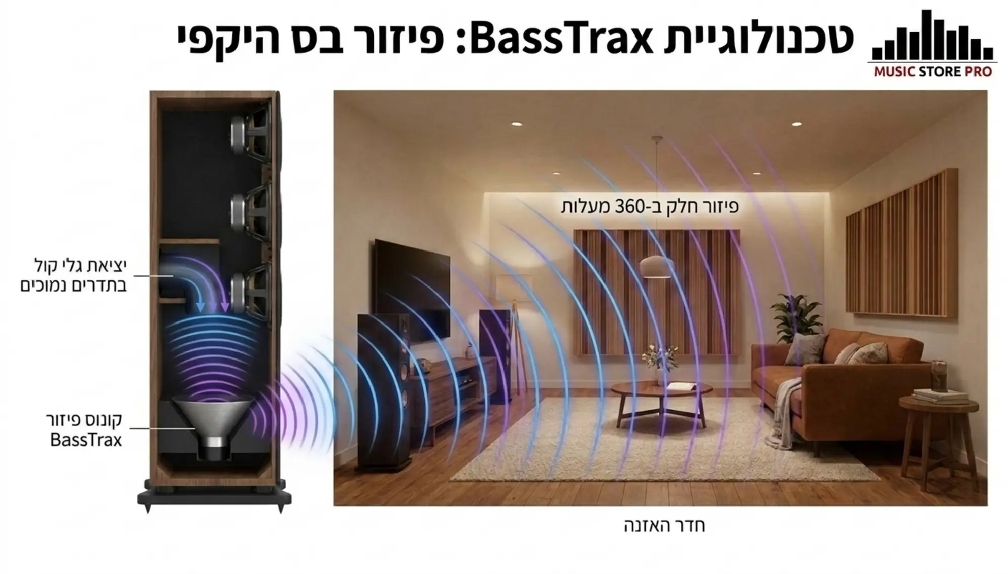 סקירה: Fyne Audio F1 Series – פסגת הטכנולוגיה הסקוטית 3 אינפוגרפיקה הממחישה את טכנולוגיית BassTrax, המראה כיצד גלי הקול בתדרים הנמוכים יוצאים מתחתית הרמקול, פוגעים בקונוס הפיזור הייעודי, ומתפזרים ב-360 מעלות בצורה חלקה לתוך חדר ההאזנה