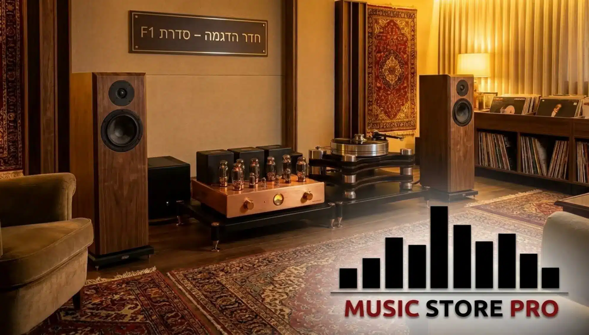 סקירה: Fyne Audio F1 Series – פסגת הטכנולוגיה הסקוטית 12 תמונה של חדר הדגמה יוקרתי לסלון המכיל זוג רמקולים מסדרת F1 מעץ אגוז, מגבר מנורות איכותי במרכז המאיר באור חמים, ופטיפון אנלוגי מסיבי, היוצרים יחד אווירה חמימה, קלאסית ומוזיקלית במיוחד