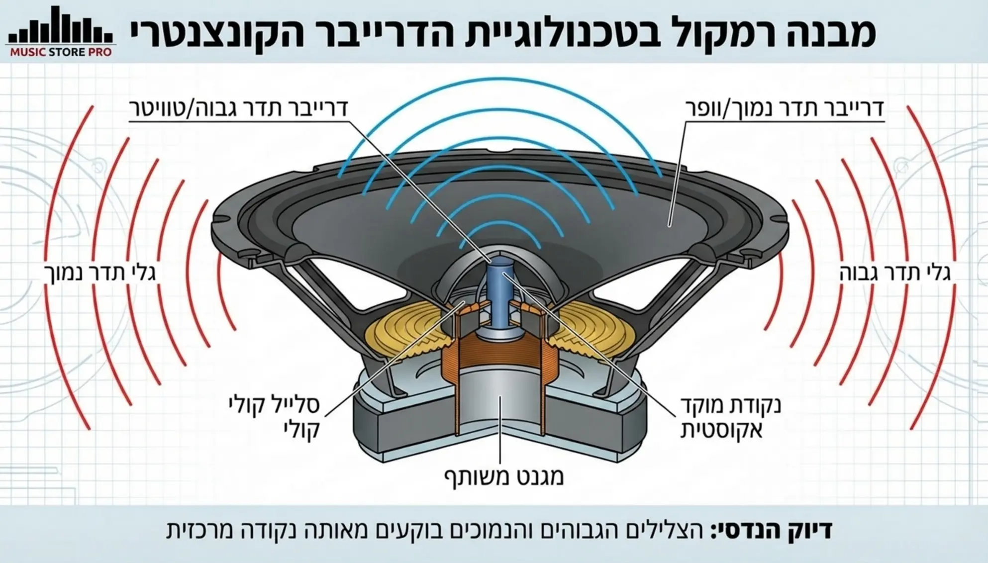 אינפוגרפיקה המציגה את מבנה הרמקול בטכנולוגיית הדרייבר הקונצנטרי עם חתך רוחב המדגים כיצד הצלילים הגבוהים והנמוכים בוקעים מאותה נקודה מרכזית בדיוק הנדסי מרשים