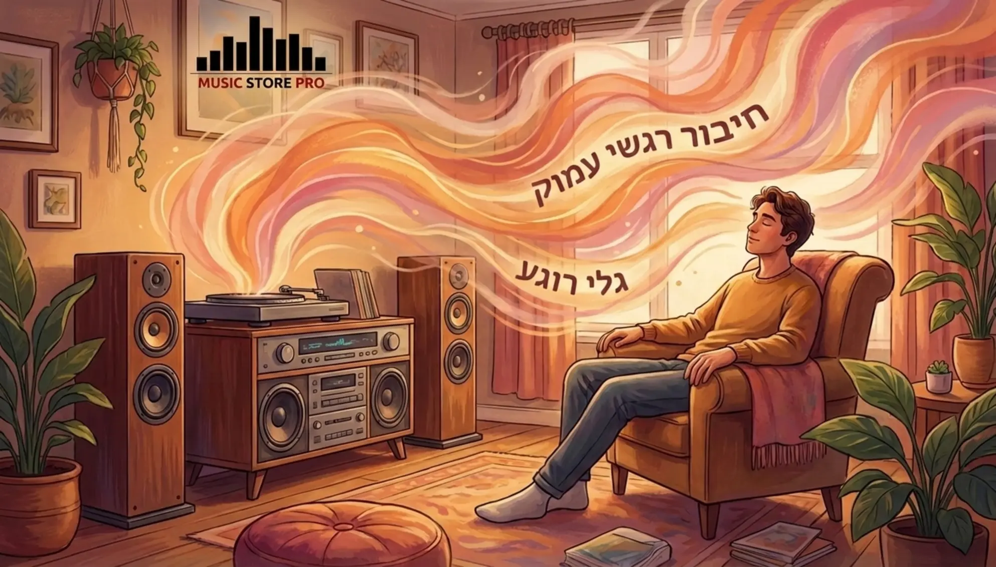 הפסיכולוגיה של Hi-Fi: למה אנחנו רודפים אחרי הצליל המושלם? 2 איור המדגים את גלי המוח של אדם מאזין למוזיקה דרך מערכת סטריאו מתקדמת במרכז סלון ביתי, צבעים חמים וגלים רכים המייצגים רוגע עמוק וחיבור רגשי לצליל