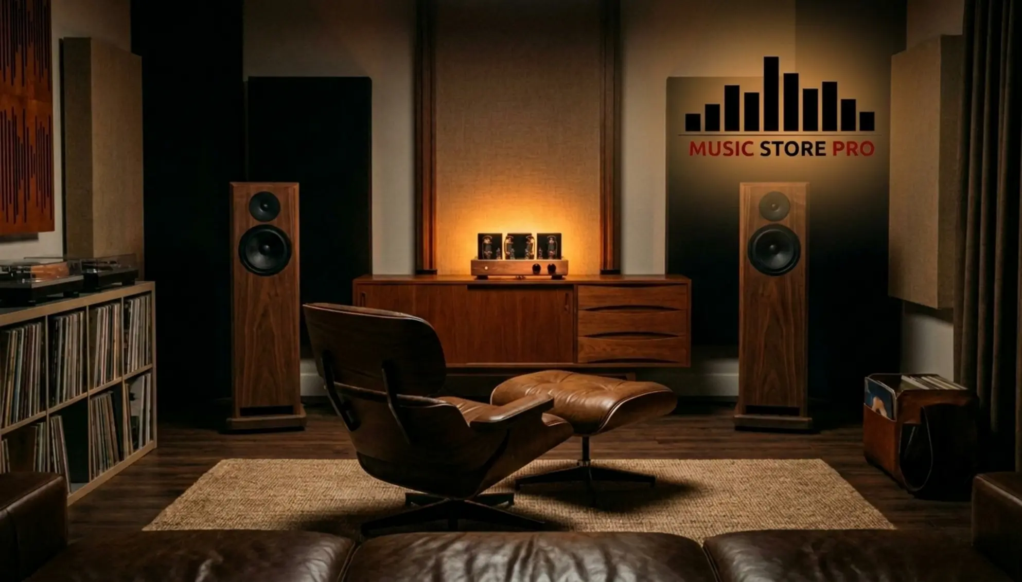 הפסיכולוגיה של Hi-Fi: למה אנחנו רודפים אחרי הצליל המושלם? 3 תצלום איכותי של חדר האזנה יוקרתי וחשוך בחלקו. במרכז כורסת עור נוחה, מולה שני רמקולים רצפתיים גדולים מעץ מלא, ועל שידה במרכז מגבר מנורות שבו השפופרות זוהרות באור כתום חם