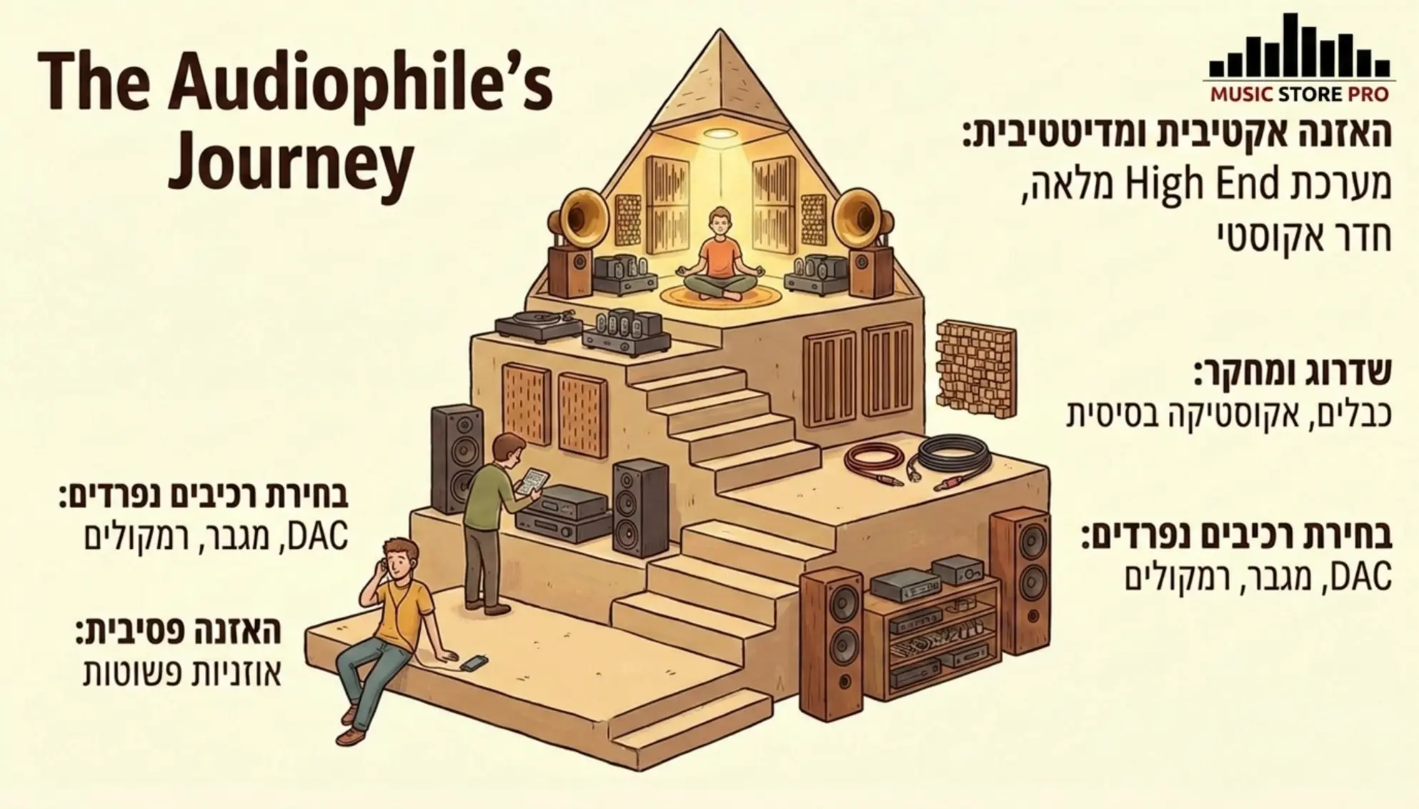 הפסיכולוגיה של Hi-Fi: למה אנחנו רודפים אחרי הצליל המושלם? 12 אינפוגרפיקה מאוירת המציגה את מסע האודיופיל. מדרגות עולות החל מהאזנה פסיבית באוזניות פשוטות בדרג התחתון, דרך בחירת רכיבים נפרדים ומגברים, ועד להאזנה אקטיבית ומדיטטיבית בראש הפירמידה עם מערכת High End מלאה בחדר אקוסטי