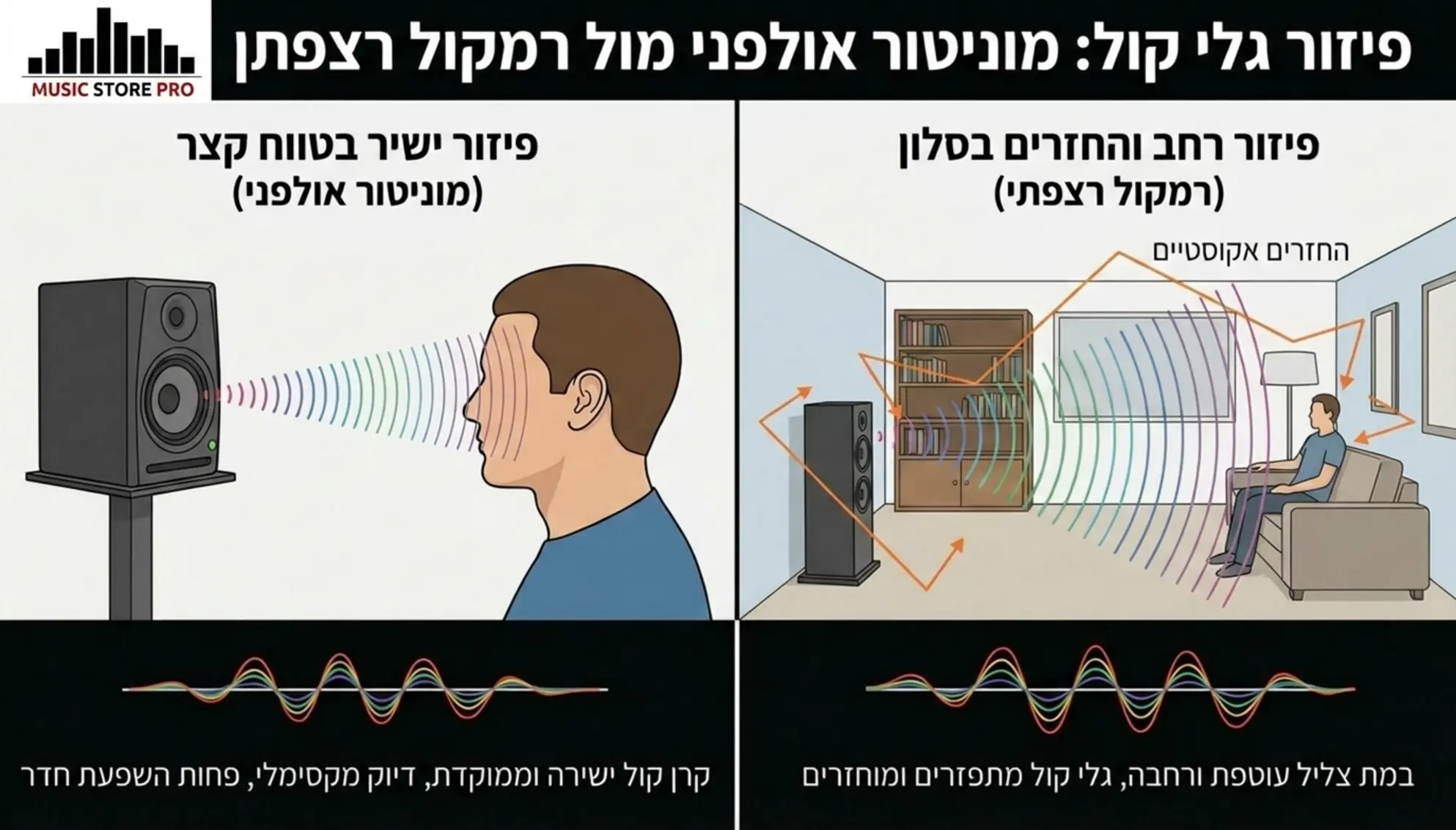 אינפוגרפיקה המציגה את ההבדל בפיזור גלי קול בין רמקול מוניטור אולפני המכוון ישירות לאוזני המאזין בטווח קצר, לבין רמקול רצפתי המפזר את הסאונד בחלל סלון רחב ונעזר בהחזרים אקוסטיים ליצירת במת צליל עוטפת