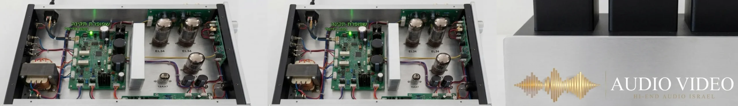 תמונה מפורטת של פנים מגבר מנורות מודרני המציגה את לוח האם ואת מעגלי ההגנה האלקטרוניים, עם תאורת לד קטנה המסמנת שהשפופרת תקינה ועובדת במתח אידיאלי
