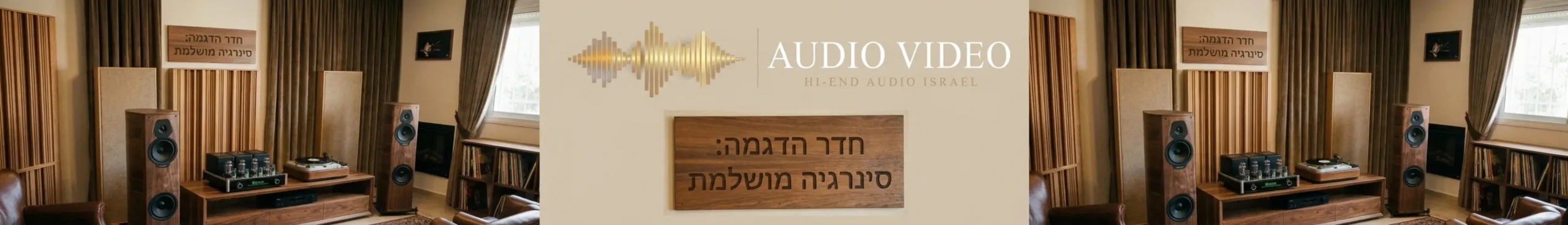 תמונה של חדר הדגמה יוקרתי ומטופל אקוסטית הכולל מגבר מנורות דולק פטיפון קלאסי וזוג רמקולים רצפתיים מעץ מלא באווירה חמימה ומזמינה הממחישה סינרגיה מושלמת