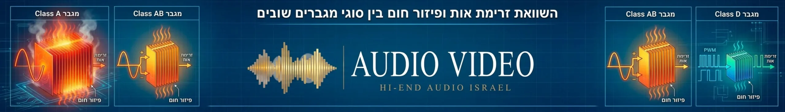 אינפוגרפיקה המציגה את ההבדלים בזרימת האות ופיזור החום בין שלושת סוגי המגברים השונים, תוך שימוש בצבעים חמים להמחשת פיזור החום במגבר קלאס איי לעומת צבעים קרים בקלאס די