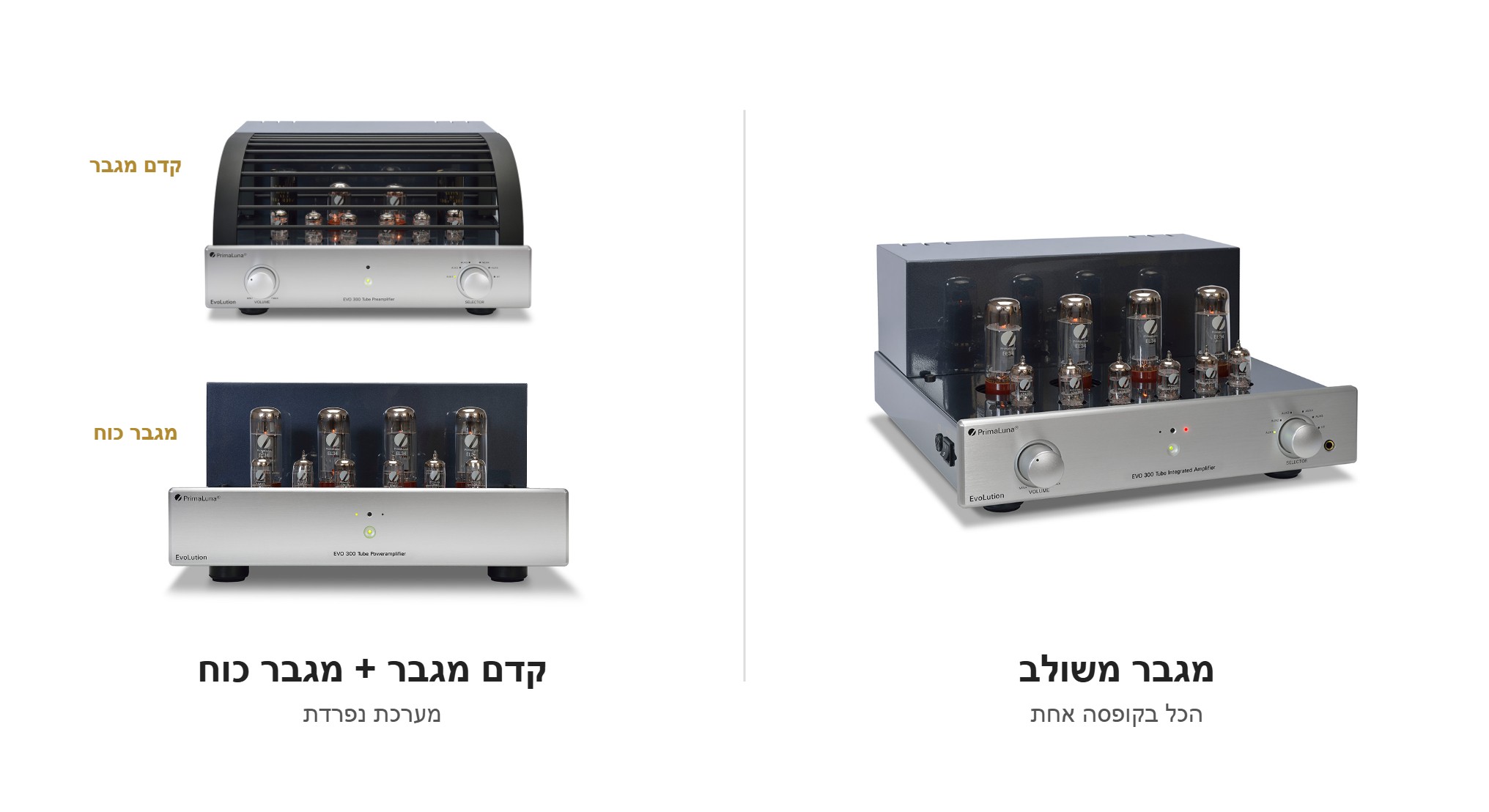 קדם מגבר ומגבר הספק PrimaLuna EVO 300 לעומת מגבר משולב PrimaLuna EVO 300 — השוואה