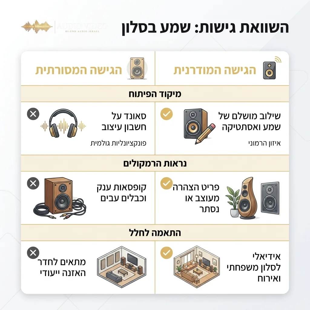 אינפוגרפיקה — השוואה בין הגישה המסורתית לגישה המודרנית בשמע לסלון
