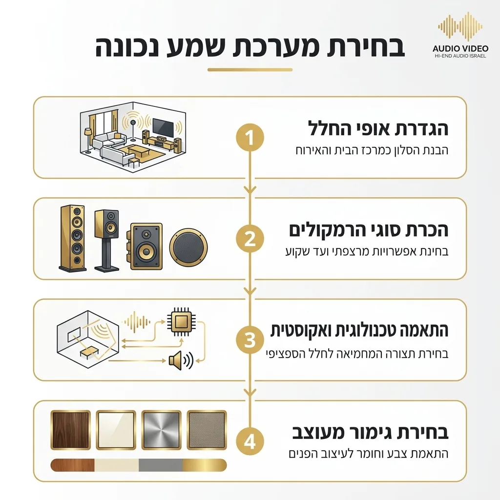 אינפוגרפיקה — שלבי בחירת מערכת שמע לסלון: אופי החלל, סוג הרמקול, התאמה אקוסטית וגימור