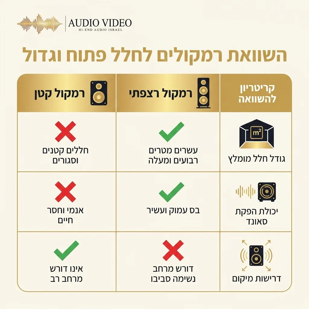 אינפוגרפיקה: השוואה בין רמקול רצפתי לרמקול קטן בחלל פתוח וגדול